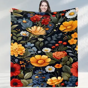 Black Base Orange-Red Flowers Warm Soft Blanket, Full-Print Orange-Red Flower Pattern, All-Season, Fits Sofa/Bedroom/Car, Ideal for Home Lovers/Students/Holiday Gifting