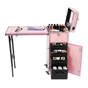 Bluetooth Cosmetic Trolley Storage Organizer with Expandable Workstation & 4 Drawers, Mobile Makeup Case with USB/SD Card Music Player & 4 Lockable Wheels, Double Security Combination Lock, for Makeup Artist, Hair Stylist, Salon, Home, Travel