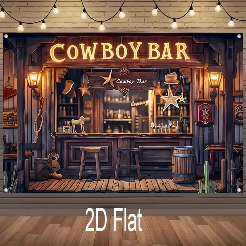 Rustic Western Cowboy Bar Polyester Photo Backdrop (Size-Customizable) - Wood Vintage House & Hat Decor, Cordless Home Decor Tapestry, Ideal for Adult Birthday & Ceremony Photo Use