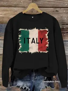 Women's Casual Italy Pattern Pullover Sweater, Soft Long Sleeve Round Neck Sweatshirt, Comfortable Daily Wear