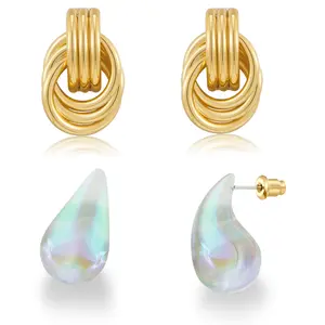 Gold-plated double hoop earrings and transparent iridescent teardrop earrings set, asymmetrical hoops and minimalist transparent teardrop studs, elegant and hypoallergenic - 2-piece set