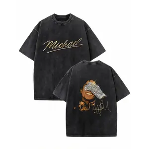 Percent Cotton  Black T Shirt Michael Jackson Signature And Cartoon Portrait Design Summer Streetwear Fashionable Street Retro Style