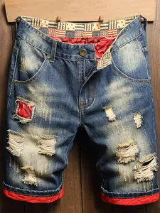 Men's Summer American Vintage Ripped Patch Denim Shorts, Streetwear Plaid Lining Casual Five-Quarter Jeans, Slim-Fitting Drawstring Waist