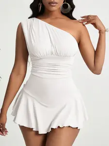 White Jumpsuit: Summer Romper for Women - Asymmetrical Ruffle Sleeveless Playsuit