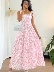 French Elegant Pleated Flounce Floral Print Long Dress, Sleeveless V-Neck Ruffled Dress, Summer New Ladies Light Blue Gown Blue And White Floral Dress Long Dress Summer Blue And White Dress Women Women Vacation Dress