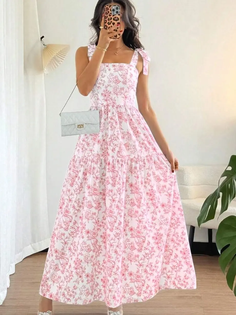 French Elegant Pleated Flounce Floral Print Long Dress, Sleeveless V-Neck  Ruffled Dress, Summer New Ladies
