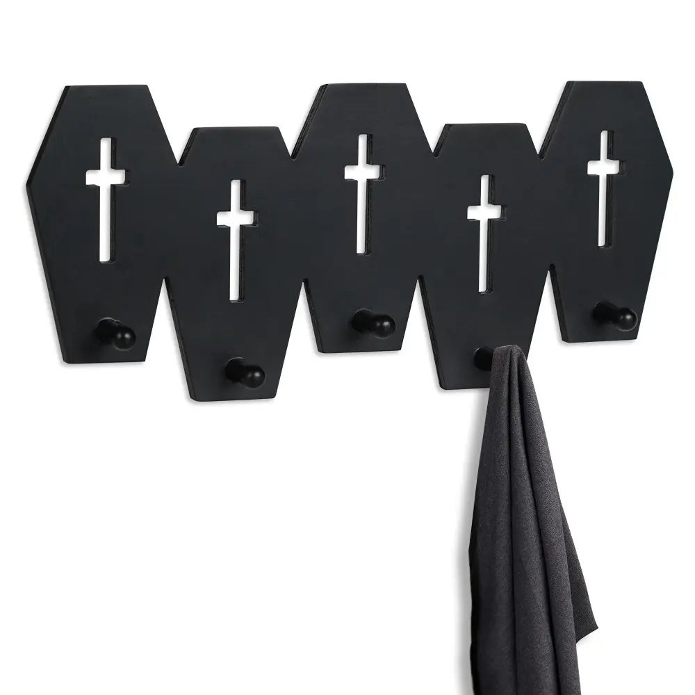 Coffin Coat Hooks, Black Wooden Coat Rack with 5 Hooks, Heavy Duty Coffin Wall Hooks for Keys, Purse, Towel, Clothes, Gothic Wall Decor for Bathroom, Living Room, Bedroom Organizer Storage Hanging Shelves Decoration