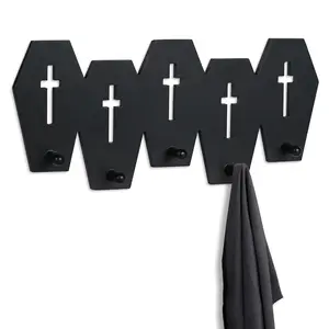 Coffin Coat Hooks, Black Wooden Coat Rack with 5 Hooks, Heavy Duty Coffin Wall Hooks for Keys, Purse, Towel, Clothes, Gothic Wall Decor for Bathroom, Living Room, Bedroom Organizer Storage Hanging Shelves Decoration
