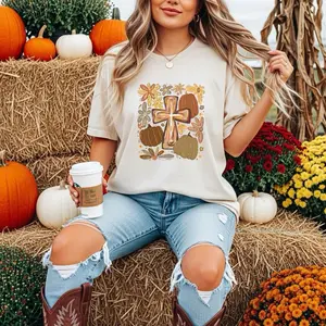 Christian Comfort Colors T-Shirt | Cross with Pumpkins Fall Shirt | Faith Based Autumn Graphic Tee | Rustic Thanksgiving Outfit