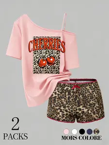 Women's Leopard Print Two-Piece Set, Spring Summer Cherry Print Off-Shoulder Short Sleeve T-Shirt & Leopard Shorts, Casual Streetwear