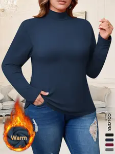 Women's High Neck Fleece T-Shirt, Comfortable Fashion Long Sleeve Top, Perfect for Fall & Winter Layering, Casual Must-Have