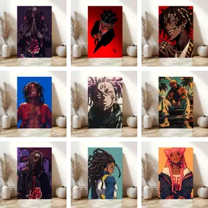 Ebonique Black Anime Wall Art African-American Urban Culture Street Art Braided Hair Theme Paintings Black Poster Canvas Wall Art Men's Cave Decor