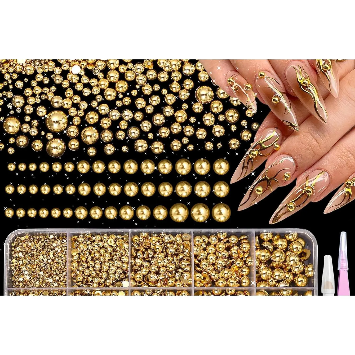 Gold Half for Nails, Pearls Nail  Beads Gems for Nails Art DIY Crafts Embellishment Shoes Clothes Bags DIY Making