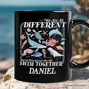 Ocean Animal Teacher Personalized Mug, We Are All Different But In This School We All Swim Classroom Gift with Custom Name
