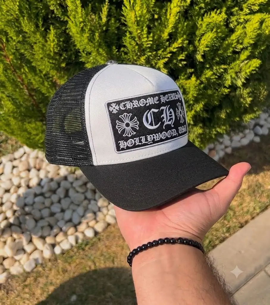 Chrome Hearts Trucker Cap – Black White Mesh Hat, Curved Brim, CH Logo Patch, Adjustable Snapback, Unisex Streetwear