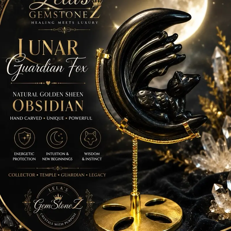 Lela’s GemStoneZ Legacy Collection Natural Golden Sheen Obsidian Lunar Guardian Fox Sculpture, Natural Crystal Decor, Room Decor Statement Piece, Enhances Self-Esteem, Free Rotating Stand Home Decoration