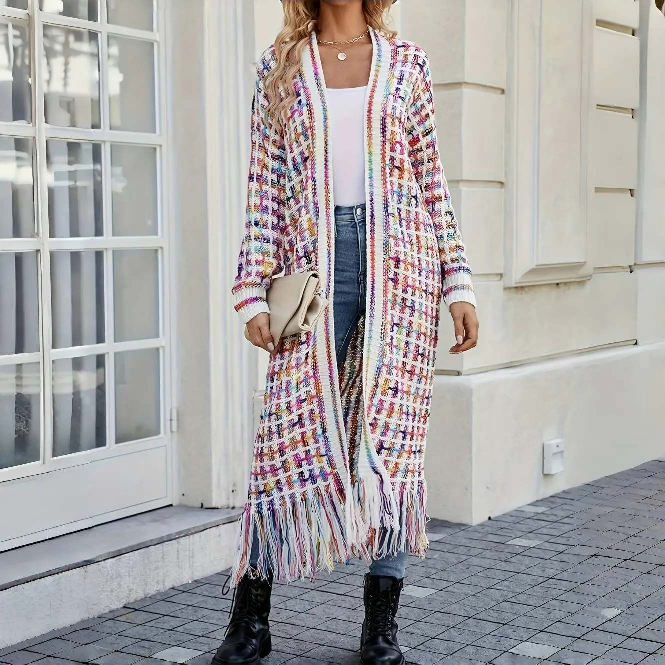 Mohair Fuzzy Sweater, Fall Winter Warmth Bohemian Casual Multi-Color Geometric Pattern Fringe Tassels Plaid Collar Hem Open Front Loose Fit Long Sleeve Cardigan Sweater Coat Outfit Knitwear Cute Girl, Aesthetic, Stylish