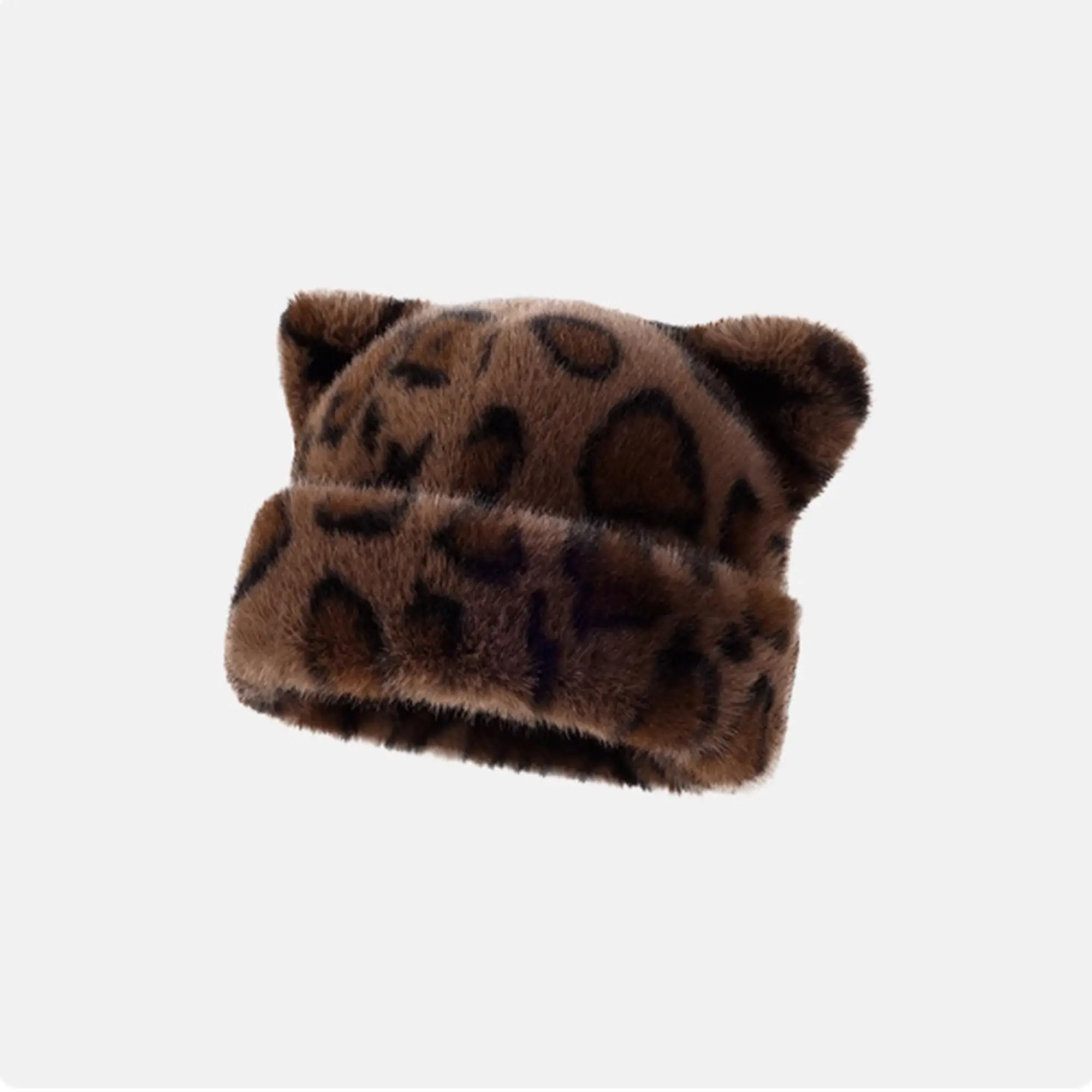 Chic Leopard Print Cat Ear Plush Beanie - Ultra-Soft Faux Fur Winter Hat, 1-Size Animals-Themed Accessory with Cozy Feel & Fun Touch, Machine-Washable Fashion Item (Multiple Colors Available), Elevate Style, Unisex, One Size