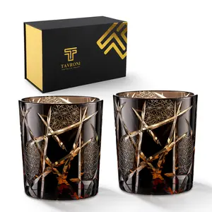 【Gift Box Set】9Oz Dark Brown and Gold Crystal Whiskey Glasses Set of 2 Edo Kiriko Japanese Craft for Whiskey Bourbon Scotch