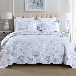 3-Piece Printed Floral Quilt Set in Blue & White Pattern - Lightweight Bedspread for Home Decor - Flat Weave Design