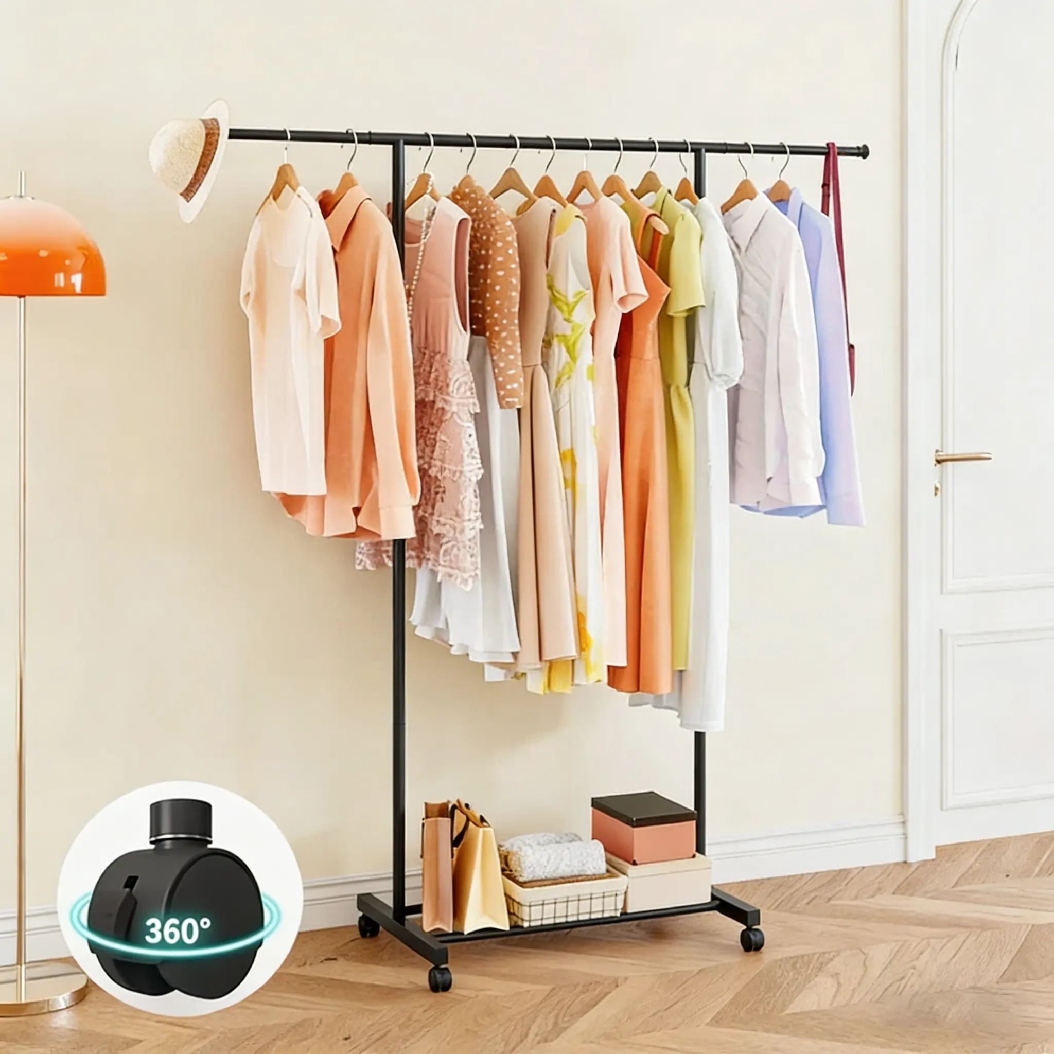SUOERNUO Metal Clothing Garment Rack,31.5 to 55.12 Inches Extensible Rod,  Rolling wheel Portable Drying HangingGarment Rack Suitable for Living Room, Bedroom,Balcony, Laundry