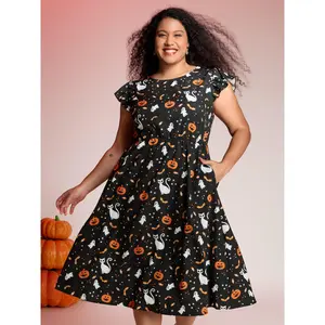 BLOOMCHIC Plus Size Pumpkin Print Ruffle Sleeve Midi Dress [M–6X], 2026 Summer Vibes