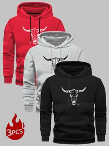 Men's 3-Piece Fitted Long Sleeve Hooded Sweatshirt Set, Cow Head Print Design, Kangaroo Pocket Drawstring, Fall & Winter Casual Wear