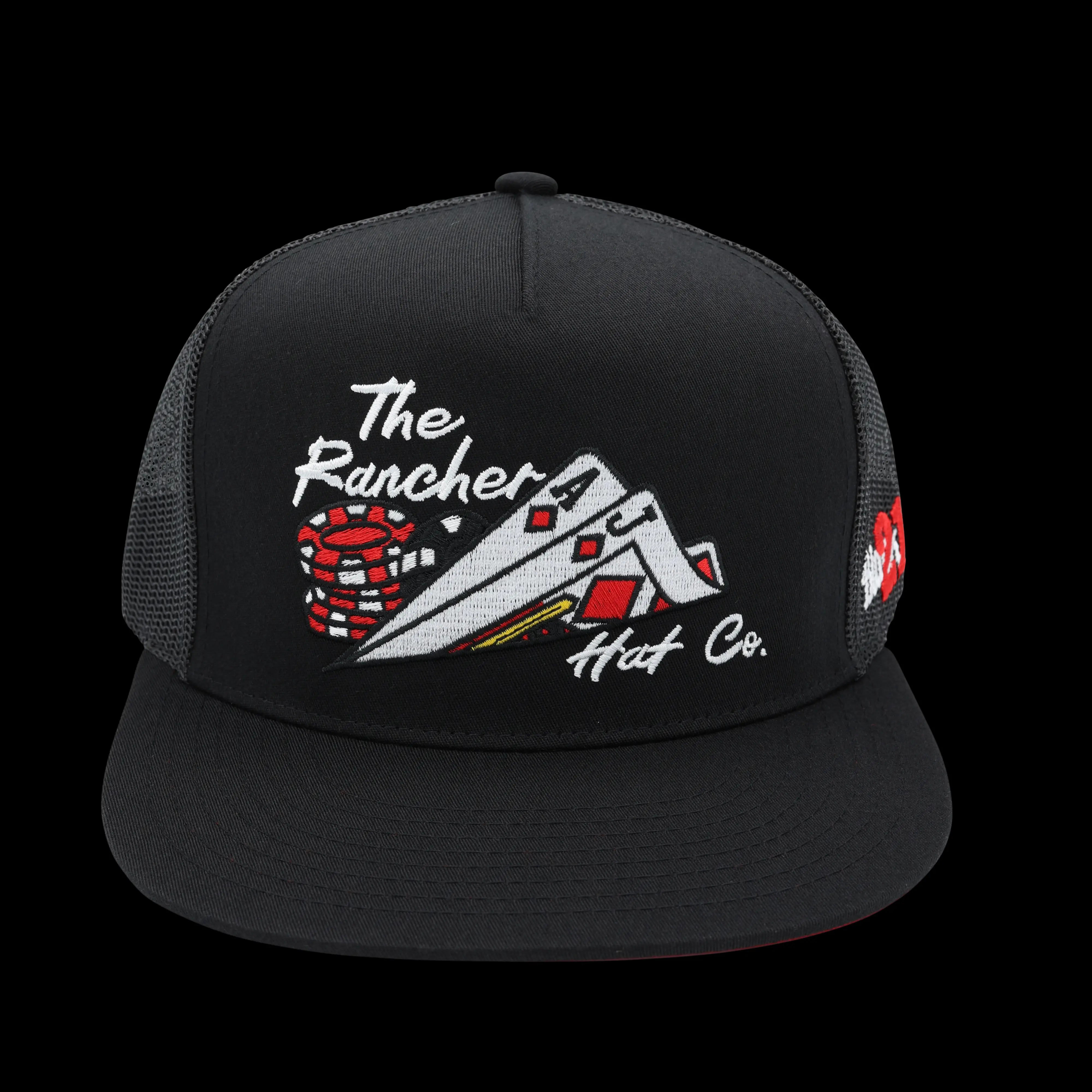 The Rancher Hat Co. Black Trucker Hat with Poker Chips and Playing Cards Design