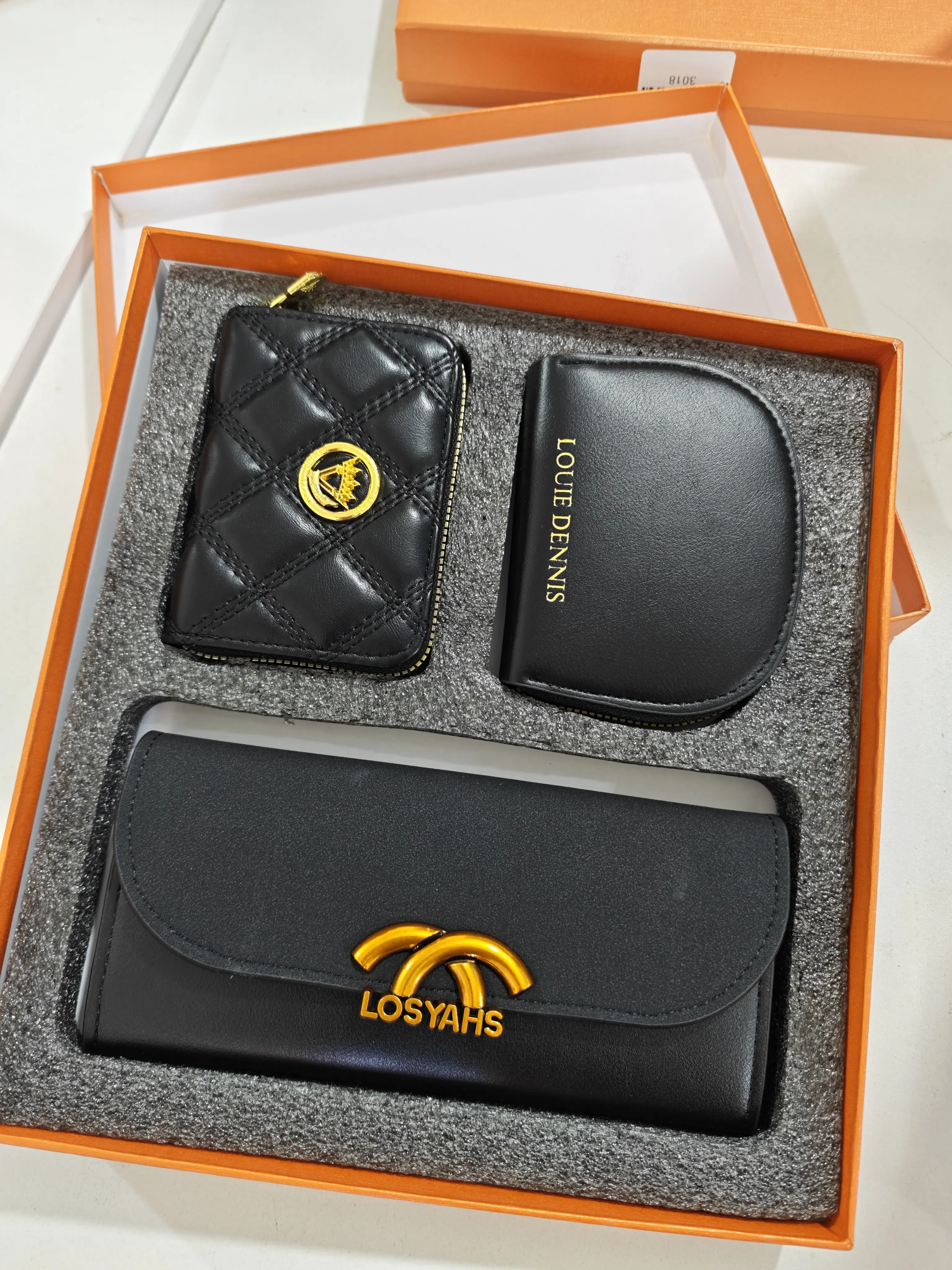 Brand New Luxury Black PU Leather 3Pcs Wallet Gift Box Set Women Quilted Card Holder Coin Purse With Orange Packaging Box