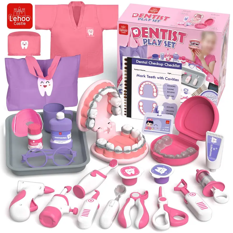 Lehoo Castle 31-Piece Dentist Playset for 3-6 Years Old Girls, Safe ABS Teeth Care Teaching Aids, Parent-Child Pretend Play Toys, Christmas Kid Gifts to Build Habits & Alleviate Dentist Fear, Kids Stuff for Girls