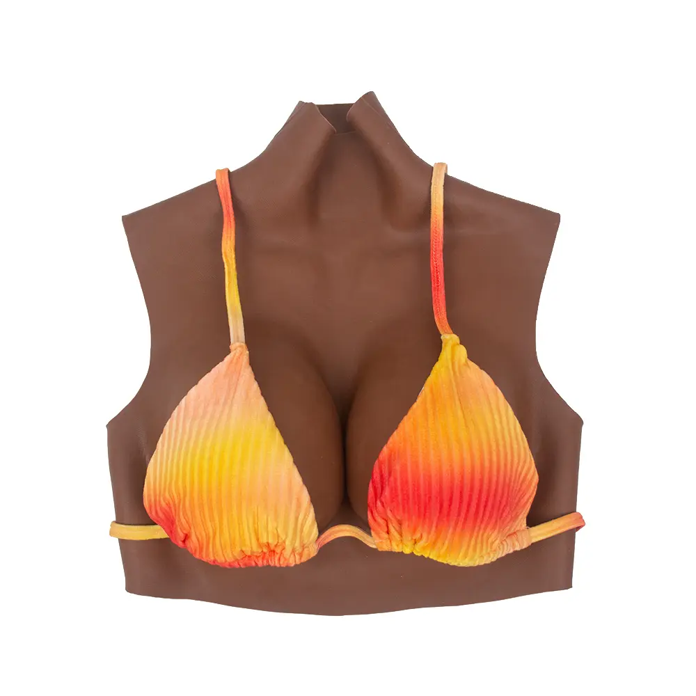 Women's Silicone Breast Form Accessories - Chocolate Brown, High Neck, Elastic Cotton-Filled, C-G Cup Soft Breastplate for Black People, Cosplay Use