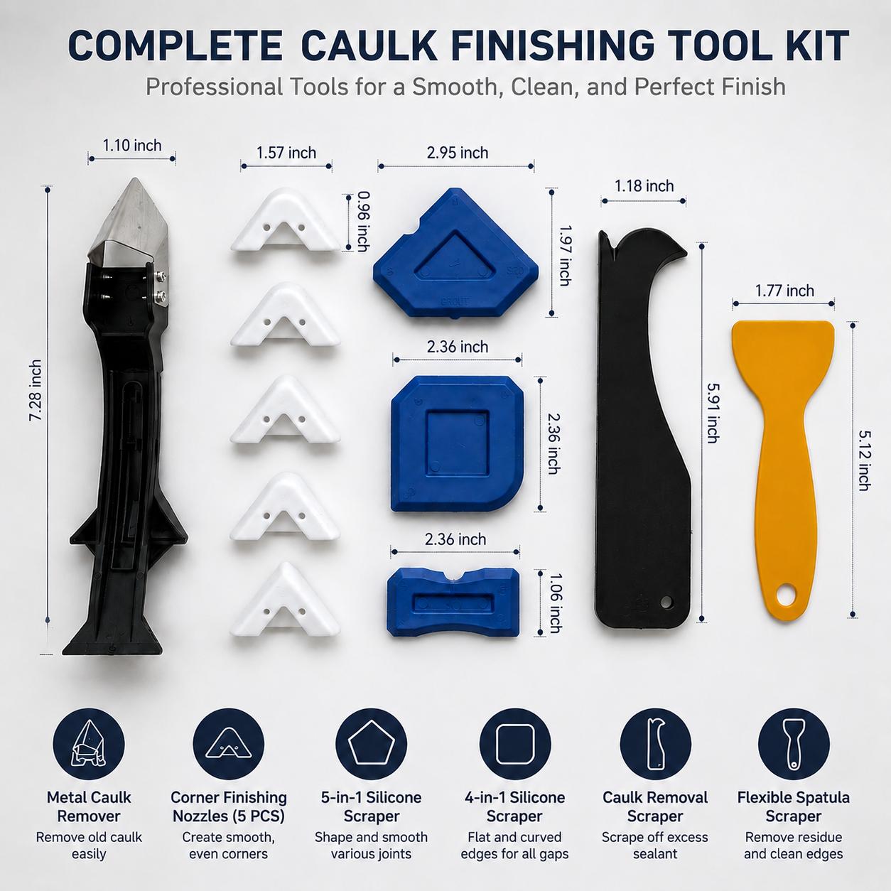Professional 3-in-1 Silicone Caulking Tool Kit and 2 MS putty tubes– Remove Old Sealant & Create Perfect Smooth Edges - Caulk Removal & Finishing Tool, 2 addtional MS putty tubes, value pack.