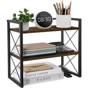 Desktop Shelf Organizer, 2 Tier Office Shelves, Wood Desk Organizer Storage Rack and Freestanding Display Shelf for Office, Dormitory, Home