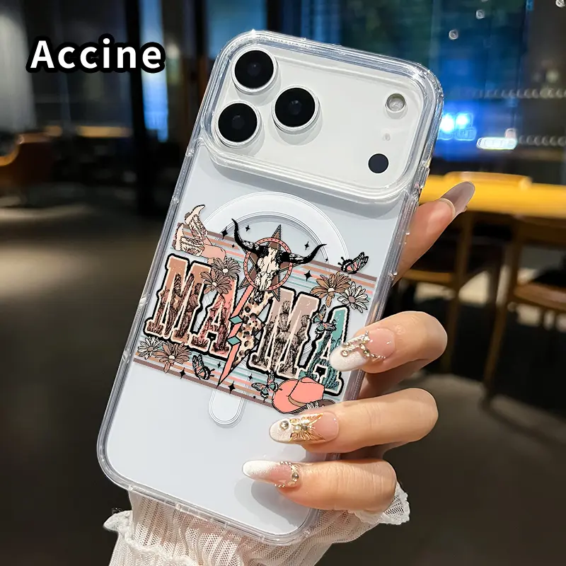 Hybrid Western MAMA Pattern Magnetic Silicone Phone Case with Matte Finish Resists Oil, Fits iPhone 17 Pro Max/17 Air, Durable Transparent Acrylic Casing, Anti-Yellowing, Anti-Drop, Shockproof, Lightweight, Large Hole Soft Cover, Wireless Charging Support