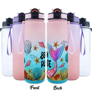1pc 32oz Sports Water Bottle Mermaid Tail Seashells Starfish Beach Please Design, Suitable for Sports, Fitness, Outdoor Travel, Time Marker Outdoor Durable Large Capacity Hiking Water Bottle
