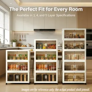 Foldable Storage Cabinet with Magnetic Double Doors & Clear Ribbed Panels, No Tools Required Stackable Plastic Organizer on Lockable Wheels, Collapsible Storage for Kitchen Pantry Bathroom Laundry Bedroom, Cream White