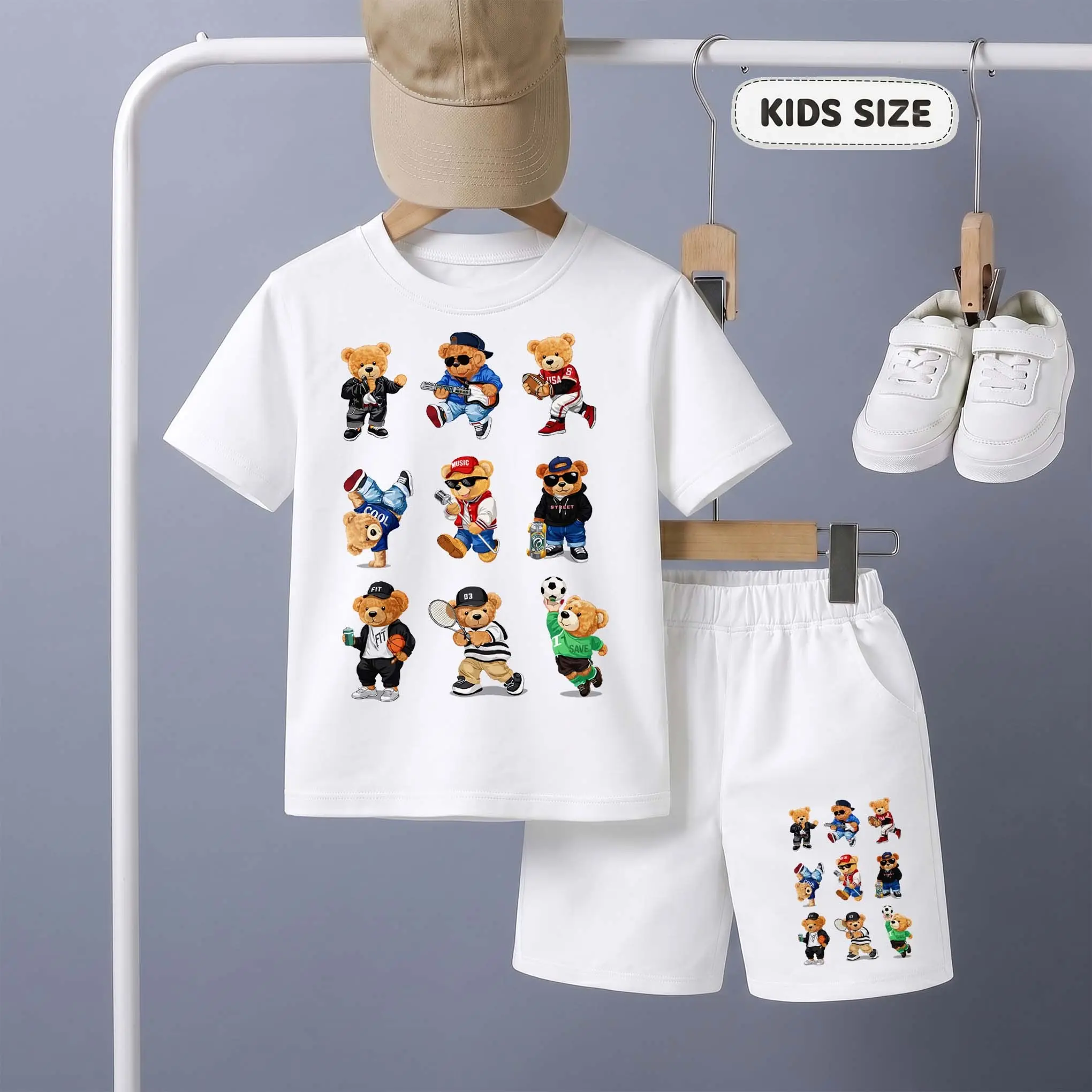 Boys' Athletic Bear Print 2-Piece Short-Sleeve Round-Neck T-Shirt & Shorts Set, Basic Casual Summer Kids' Clothing for Everyday Wear & Outdoor Play, 10-11Y(150), Comfortable, Crew Neck, Classic, Breathable, Shorts Boys' Sets