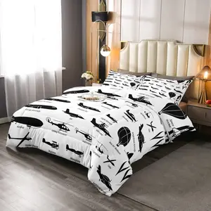 Airplane Comforter Set,Black White Airplanes Bedding Set,Space Rocket Aircraft Down Comforter,Room Decor Helicopter Biplane Quilt Duvet Sets