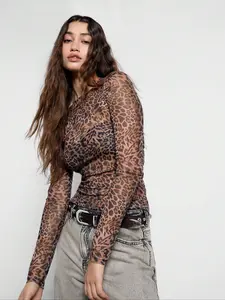 Women's Lady Leopard Print Mesh Long Sleeve Slim Fit Bodysuit, Womenswear, Lightweight High Stretch, Layered Wear, Casual Streetwear Party