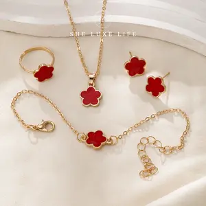 SheLuxeLife | Lucky Fullset Pentalobe Four-Leaf Clover Necklace, Ring, Earrings, and Bracelet with Zircon Stones for Women