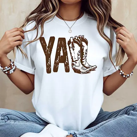 Women's Cotton Printed Cowboy Boot Crewneck T-Shirt - White Everyday Apparel, Western Style Casual Wear for Country Music Festival & Back to School Outfits