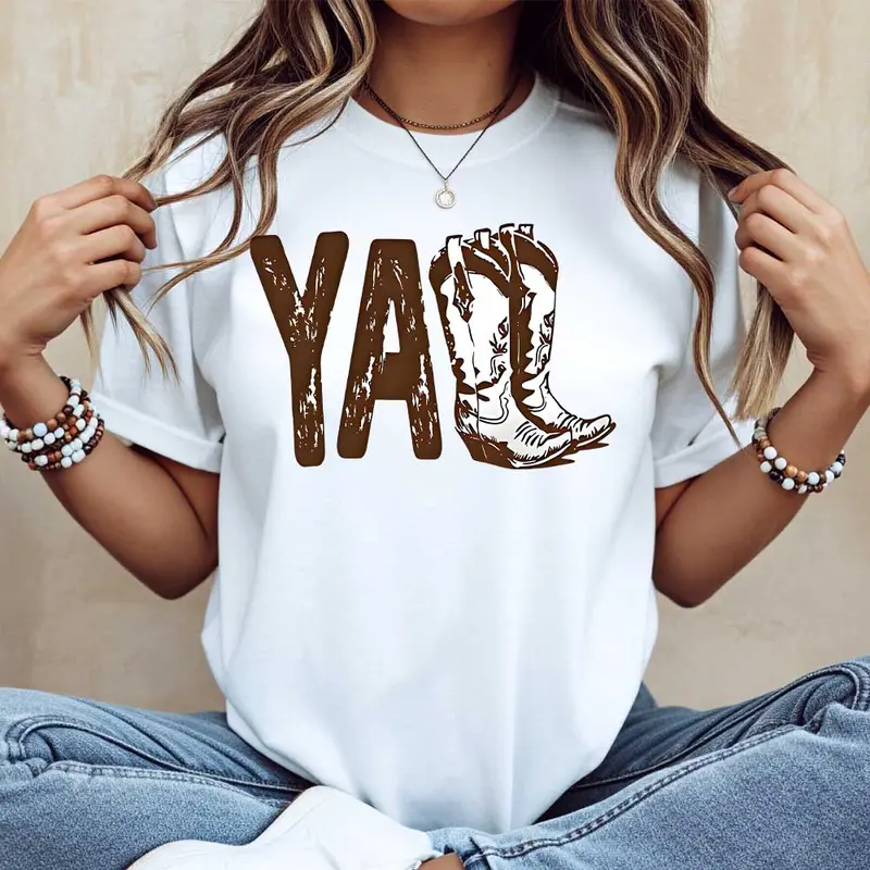 Women's Cotton Printed Cowboy Boot Crewneck T-Shirt - White Everyday Apparel, Western Style Casual Wear for Country Music Festival & Back to School Outfits