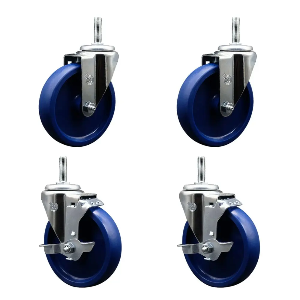 Service Caster Lockable Threaded Stem Swivel Casters (Set of 4) - Furniture Moving Wheels, 5x1.25 in. Blue Solid Polyurethane Wheels, 0.75 in. Stems, Model SCC-TS20S514-SPUS-34212-2-TLB-2, Furniture Moving Wheel, Lockable Wheels