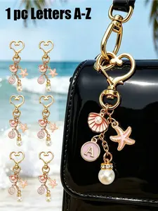 Pearl Initial Letter A-Z Keychain, Cute Letter Pendant With Pearl,Shell & Starfish Keychain, Shiny Metal Letter Keychain, Personalized Bag Charm, Tote Bag/Backpack/ Purse/Car Keys Keychain Decoration, Ocean Beach Style, Suitable For Daily Use, Travel