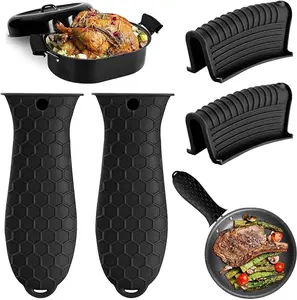 4 Pack Silicone Hot Handle Holder Cover Cast Iron Handle Cover Silicone Pot Holders Heat Resistant Assist Pan Handle Sleeve Non-Slip Pot Handle Covers for Cast Iron Skillet Metal Pan(Black)