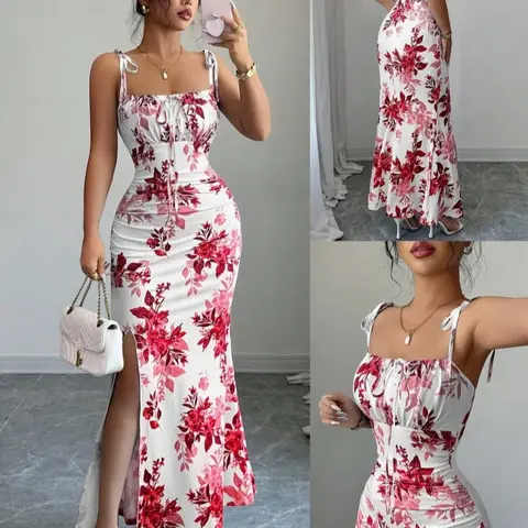New Women's Dress with Strap, Bow Waist Belt, Ruffled Hem Split Design, Perfect for Parties and Daily Wear, Show off Your Figure and Elegance