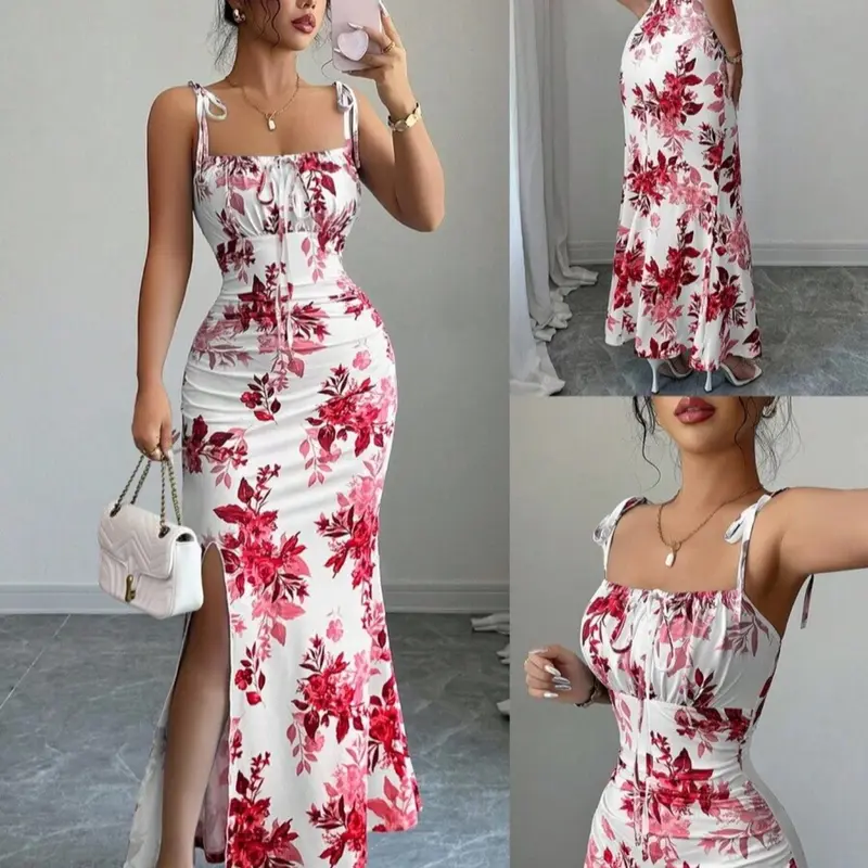 New Women's Dress with Strap, Bow Waist Belt, Ruffled Hem Split Design, Perfect for Parties and Daily Wear, Show off Your Figure and Elegance