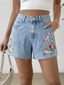 High-Waisted Embroidered Denim Jean Shorts for Women, Summer New Arrival, Elastic Waist, Ripped Straight Leg, Loose Fit, Casual Style, Slimming Jeans