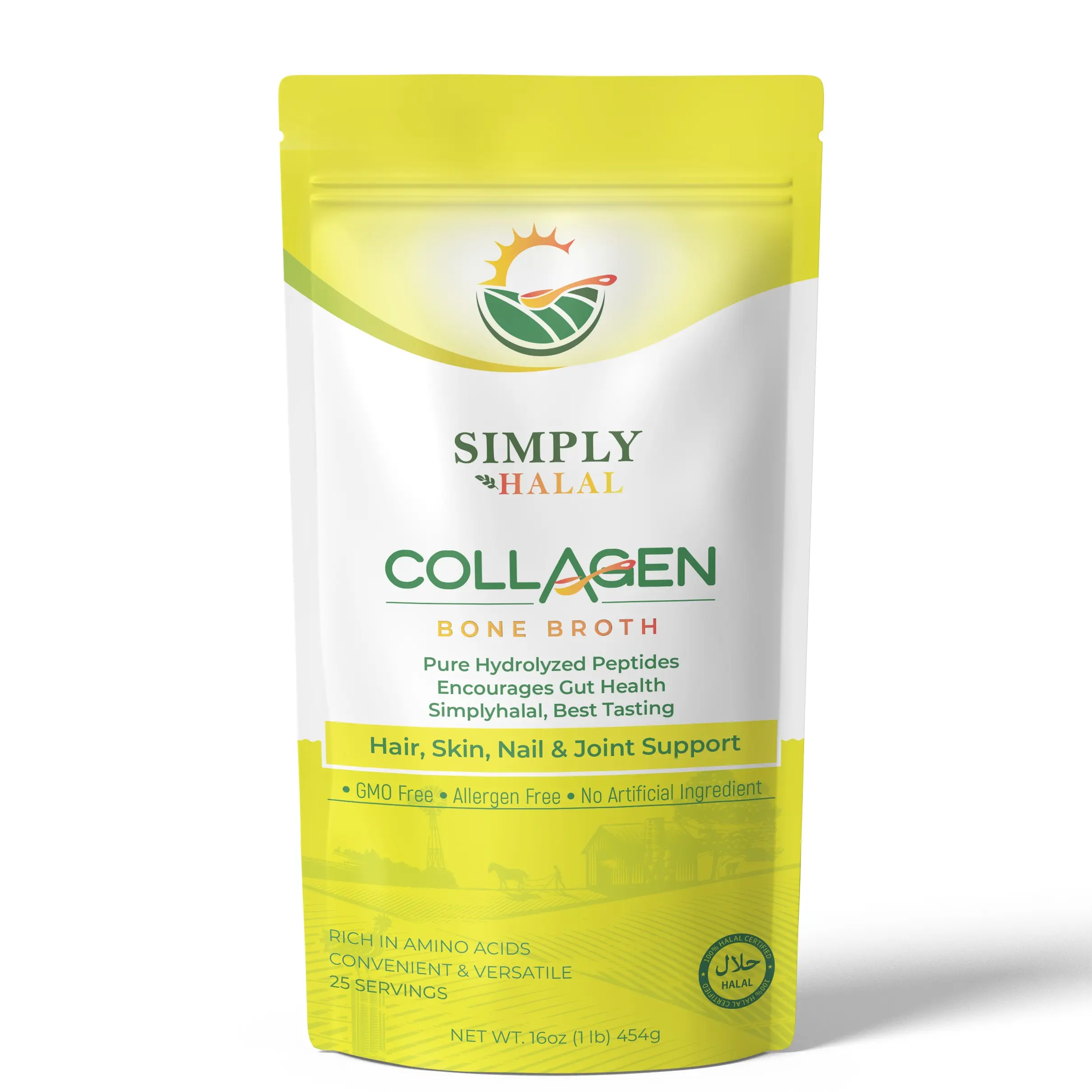 Simply Halal Organic Collagen Bone Broth 14g Protein Per Serving Gluten-Free GMO-Free Hair Skin Nail Joint Support 25 Servings - Healthcare