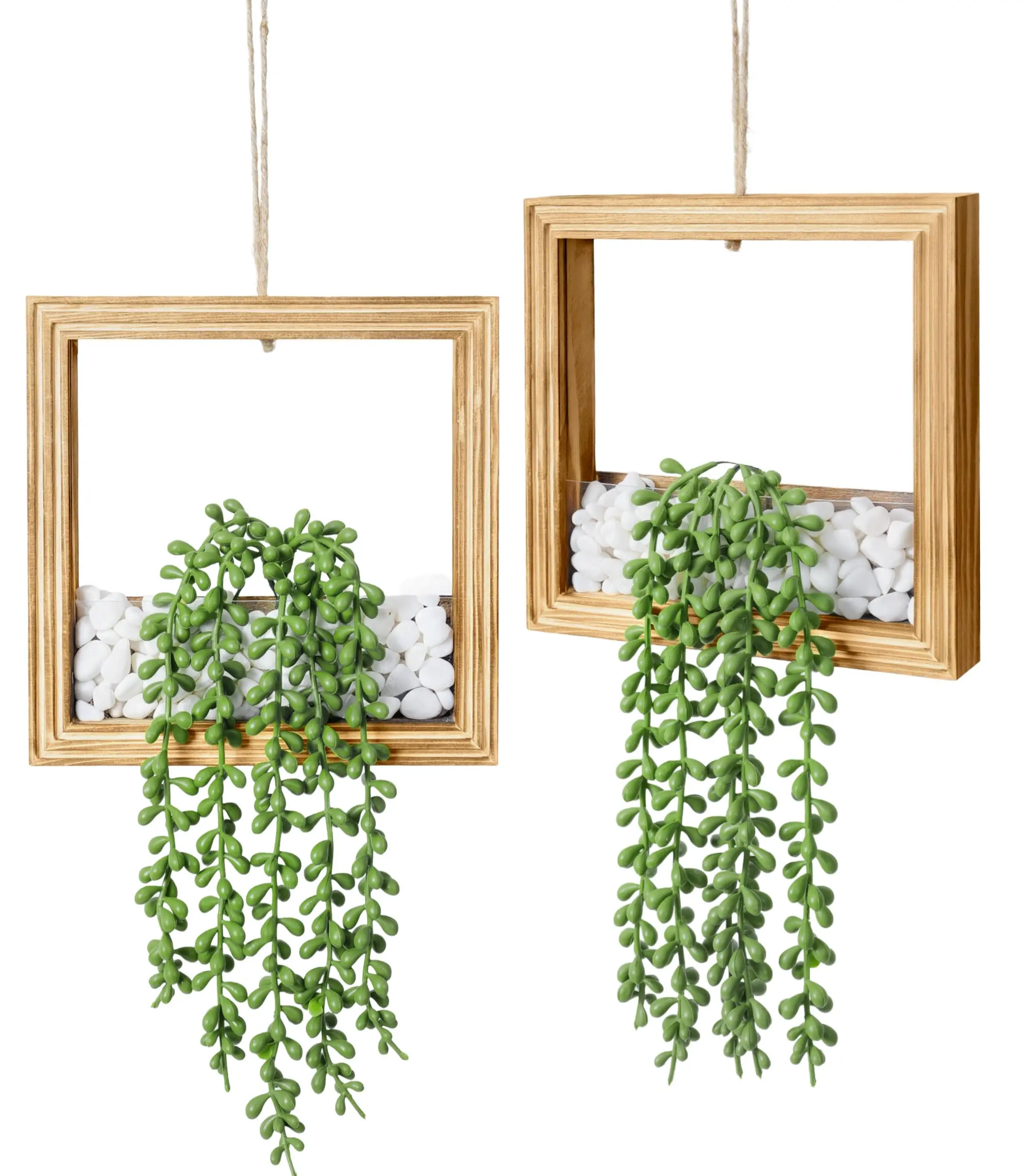 Ivydale 2 Pack Fake Plants Hanging, Artificial Succulents Plants in Square Wooden Frame with Glow Accents, Boho Wall Decor for Office Living Room Bathroom Bedroom Kitchen Indoor Outdoor, Black